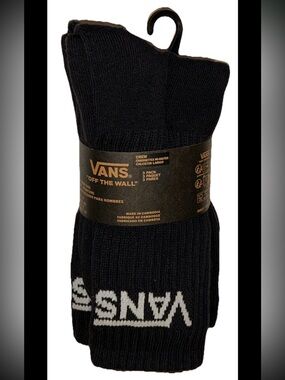 Vans Off The Wall Crew Socks 3 Pair Men 6.5-9 Black w White Logo Skate Ride NEW!